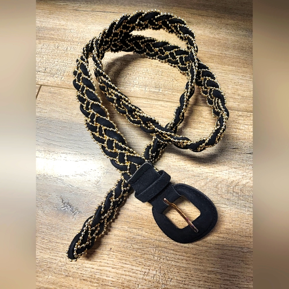 Braided Belt Black Suede & Gold Bead